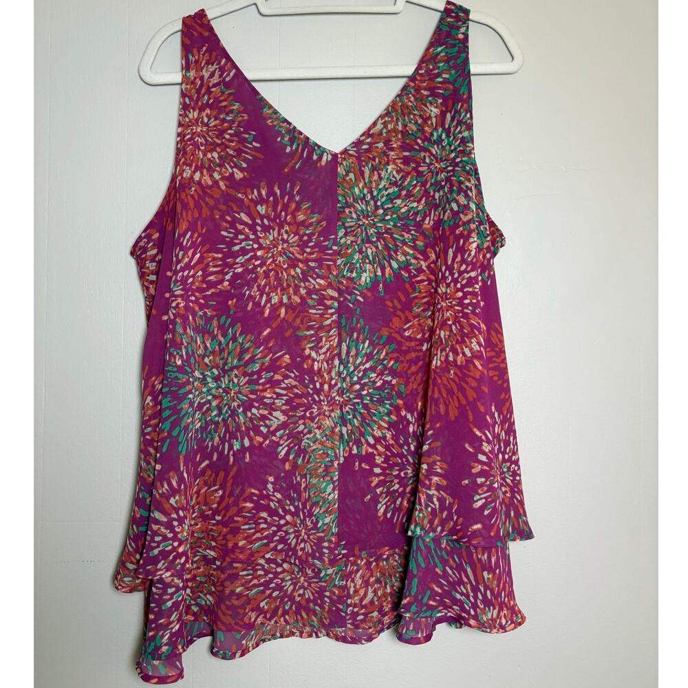 Lane Bryant Size 16 Sleeveless Layered Flowy Pink Colorful Sunburst Patter Top - Picture 4 of 4